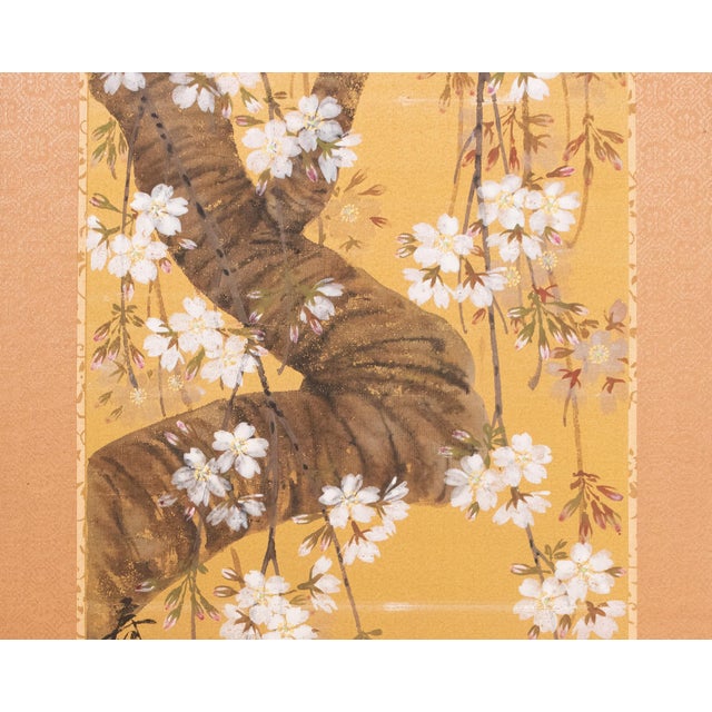 1960s Showa Era Japanese Painted Panel "Sakura" on Gold Silk Background For Sale - Image 9 of 18