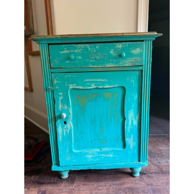 Farmhouse Vintage Solid Romanian Knotty Pine Cabinet With Distressed Turquoise Painted Finish For Sale - Image 3 of 7