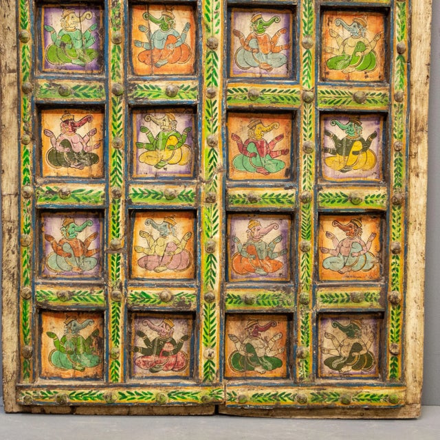 Folk Art Early 1900s Antique Rajasthani Doors With Folk Art Paintings of Ganesh For Sale - Image 3 of 12