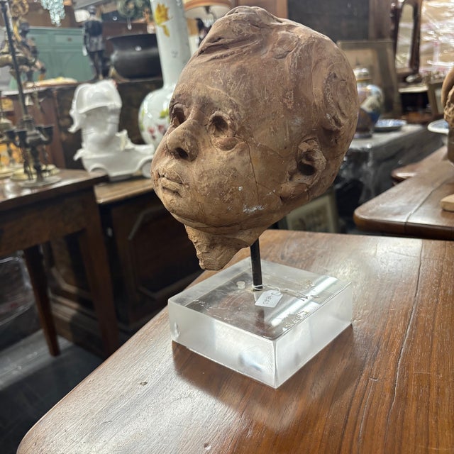 19th Century Terracotta Putto Angel Head Sculpture on Acrylic Base For Sale - Image 3 of 10