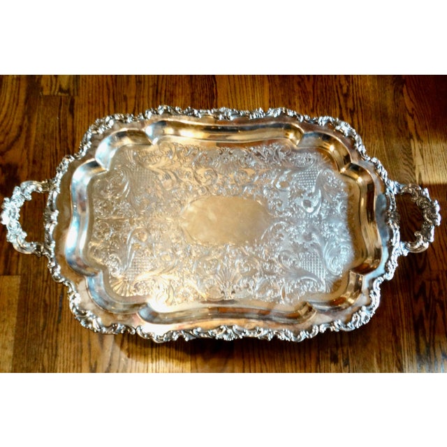 Large Ornate Silver Serving Tray With Handles For Sale - Image 4 of 11