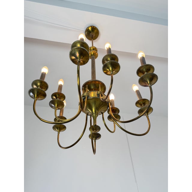 Gold Art Deco Nine-Light Brass Chandelier, 1940s For Sale - Image 8 of 14