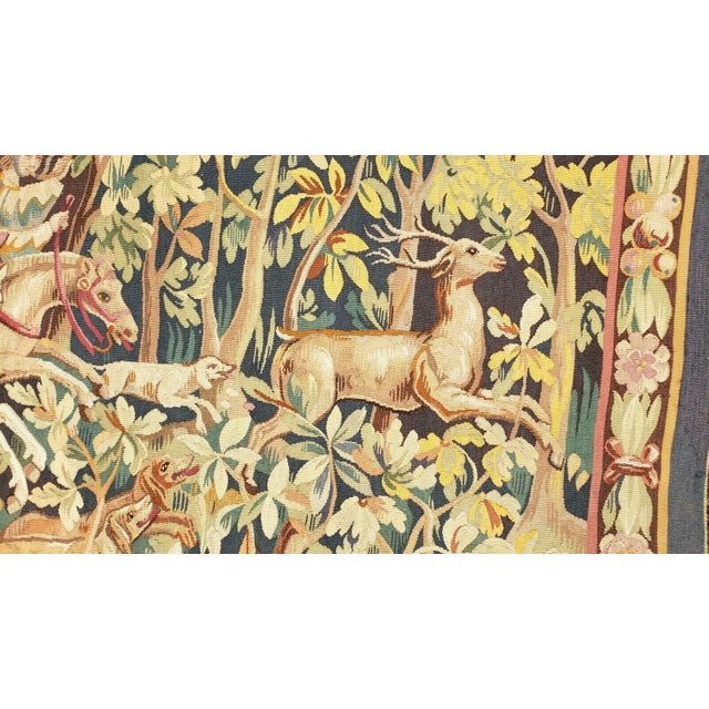 French Antique French Wool & Silk Tapestry — Hunting Scene For Sale - Image 3 of 7
