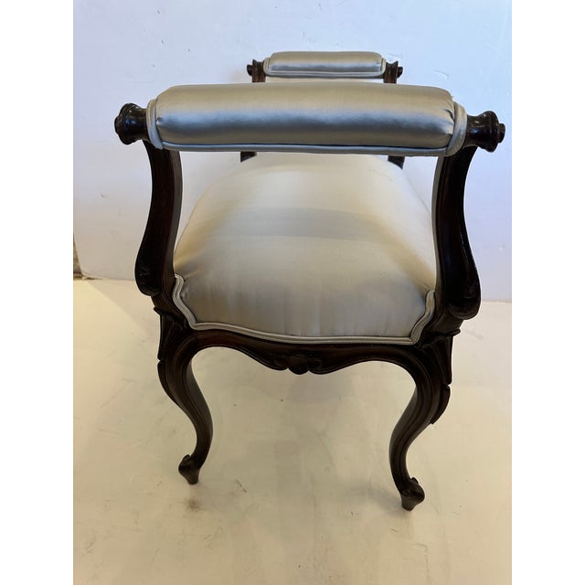 Carved Mahogany Bench With Grey Silk Upholstery For Sale - Image 10 of 11