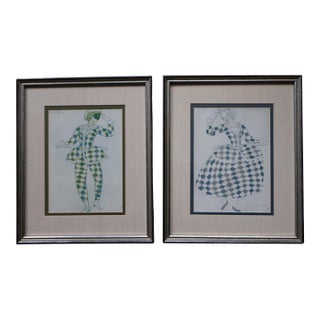 Pair of Leon Bakst 1921 Harlequin Costume Color Lithographs, Silk Matted For Sale