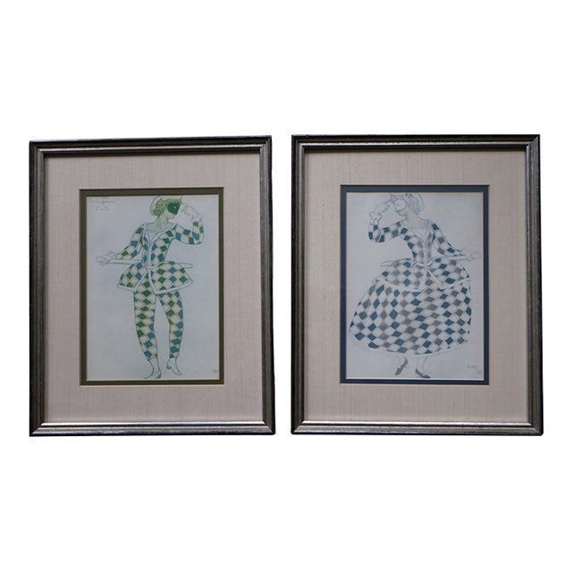 Pair of Leon Bakst 1921 Harlequin Costume Color Lithographs, Silk Matted For Sale