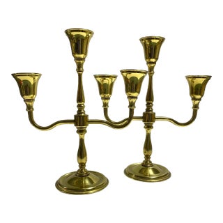 Three-Light Brass Candelabras With Curved Arms – A Pair For Sale