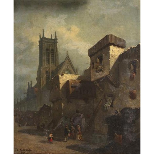 ATHUR PIERRE MOREL 19th Century "Rural Scene with Cathedral". Oil on canvas. Signed and dated 1851. Dim: 79 x 63 cm good...