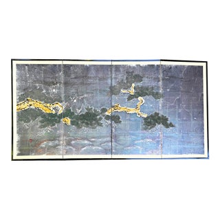 Vintage Japanese Four-Panel Hand-Painted Silver Leaf Pine Tree Folding Screen For Sale