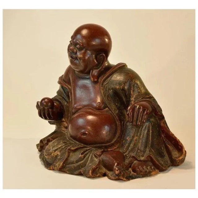 Chinoiserie Large Antique 19th Century Chinese Carved Wood & Lacquer Figure of the Laughing Buddha For Sale - Image 3 of 11
