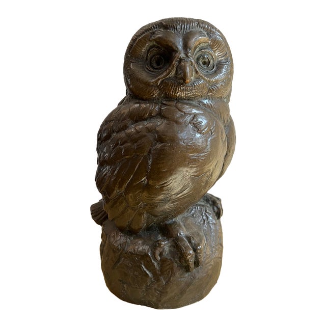 Patinated Cast Stone Owl Sculpture Signed Joseph Lorkowski Boulton For Sale