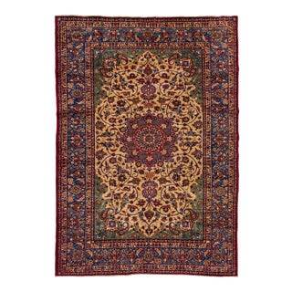 Green Antique Tabriz Persian Wool Rug Wth Rosette Motif For Sale