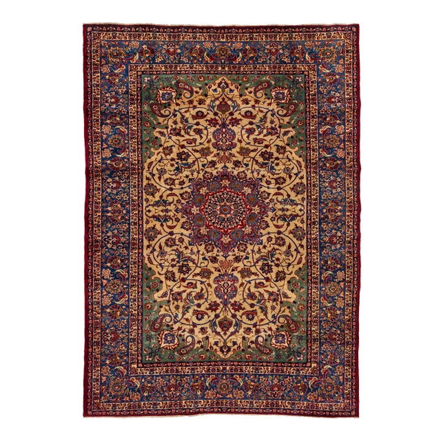 Green Antique Tabriz Persian Wool Rug Wth Rosette Motif For Sale
