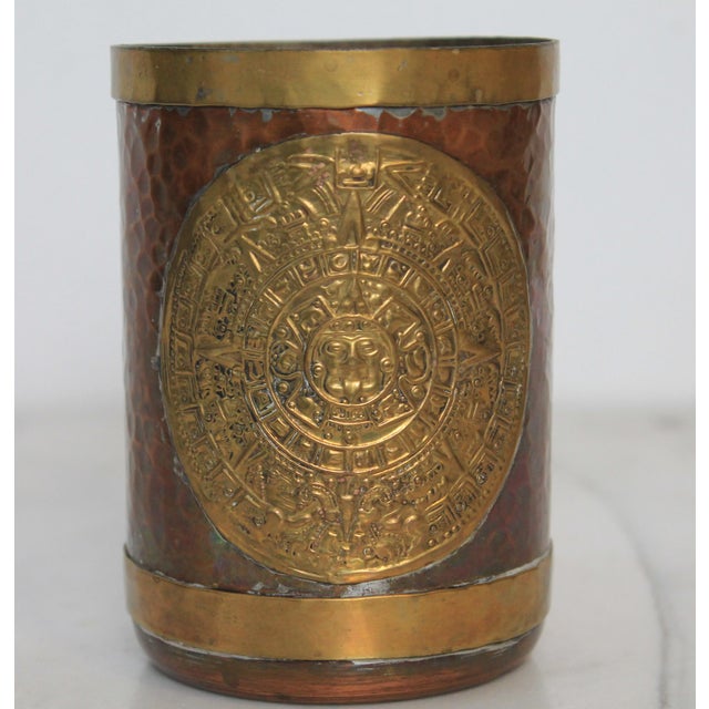 Metal Vintage Mexican Art Hammered Copper & Brass Mayan / Aztec Calendar Mug. For Sale - Image 7 of 9