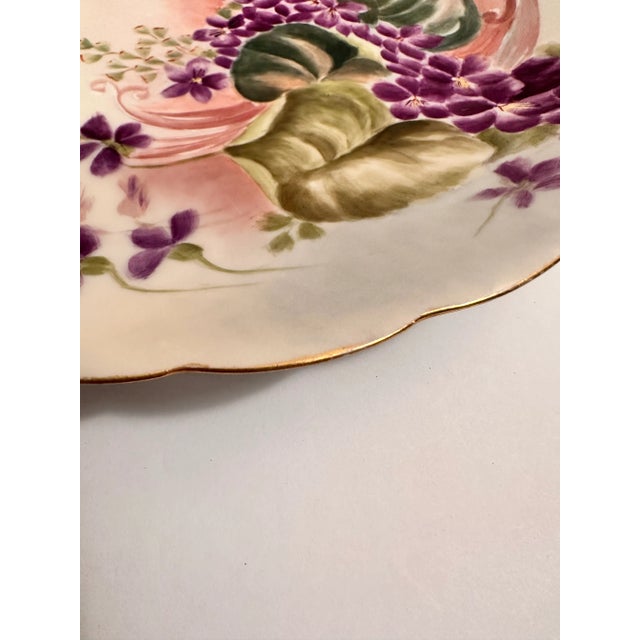 Purple French Antique Limoges Hand Painted Cake Plate Floral Double Handled Porcelain For Sale - Image 8 of 10