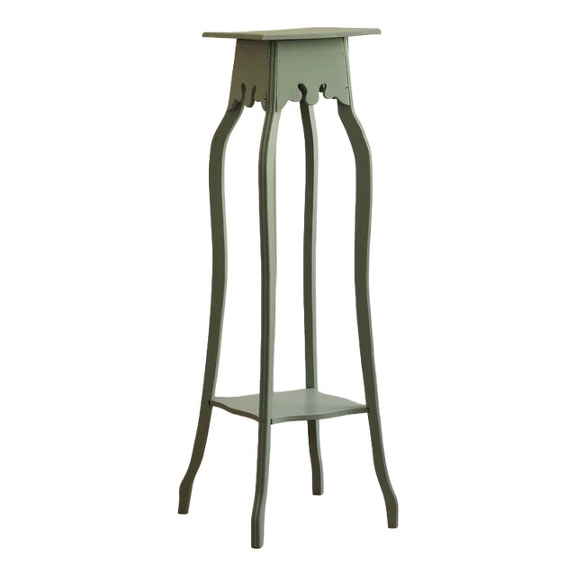Mint Green Flower Stand with Two-Tiered Wooden Column with Curved Legs For Sale