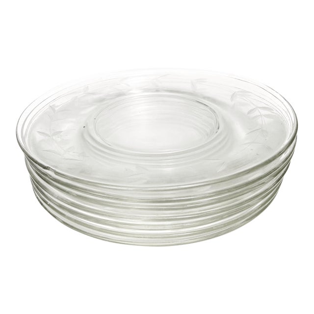 Vintage Mid Century Era Floral Etches Glass Dessert Plates - 7 Pieces For Sale