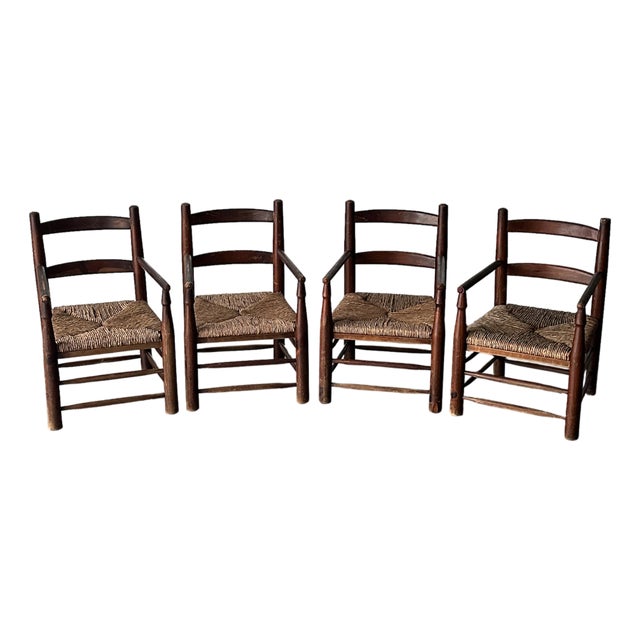 Rustic Pine and Rush Hearth Armchairs, France, Mid-20th Century, Set of Four For Sale