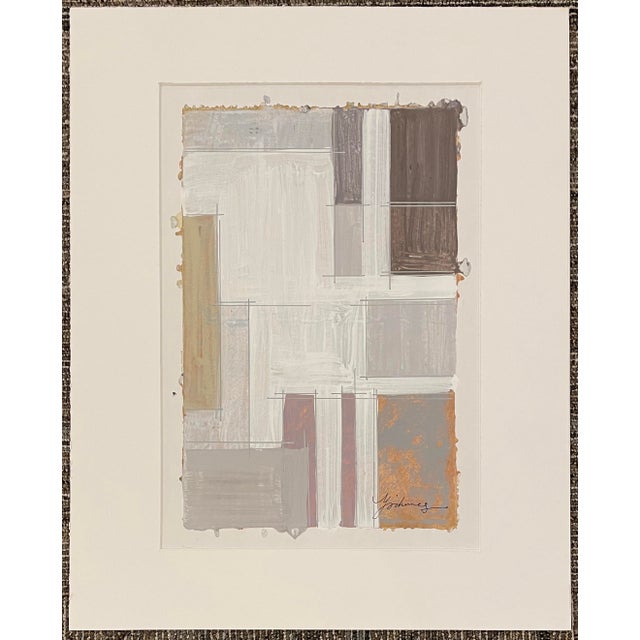 1990s abstract mixed media painting on heavy card stock, illegibly signed lower right. The painting is on a board in which...