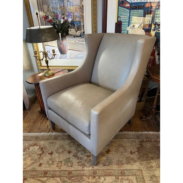 Lee Industries Lee Industries Gray Leather Custom Club Chair For Sale - Image 4 of 11
