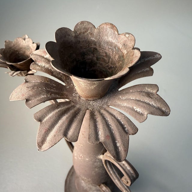 1920s Floral Metal 3-Arm Candelabra, Calabria, Italy, 1910s For Sale - Image 5 of 10