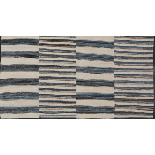 Modern flat-weave Kilim rug with stripes in shades of light blue, charcoal, blue, cream. Keivan Woven Arts / Rug AFG-60 /...
