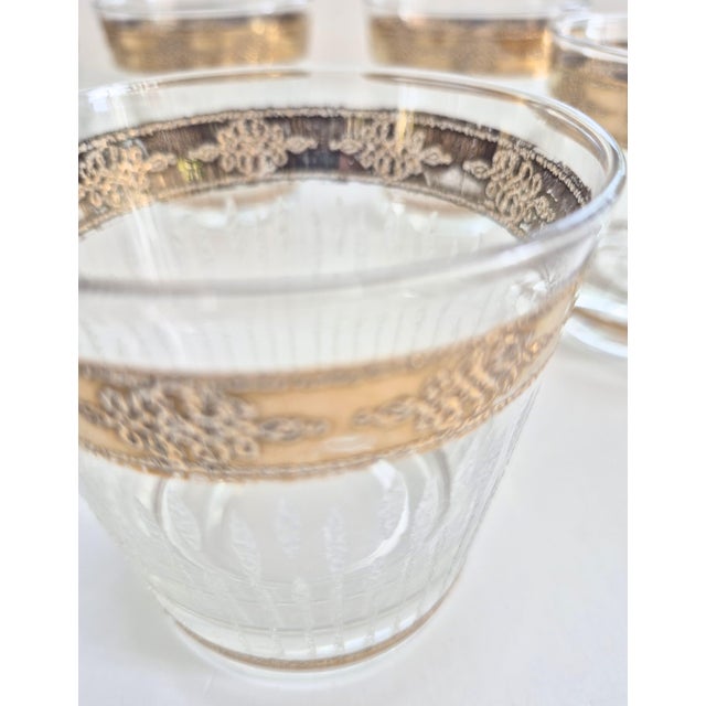 Transparent Vintage Mid Century Modern Glasses Low Ball Old Fashioned Set Textured Gold Barware For Sale - Image 8 of 9