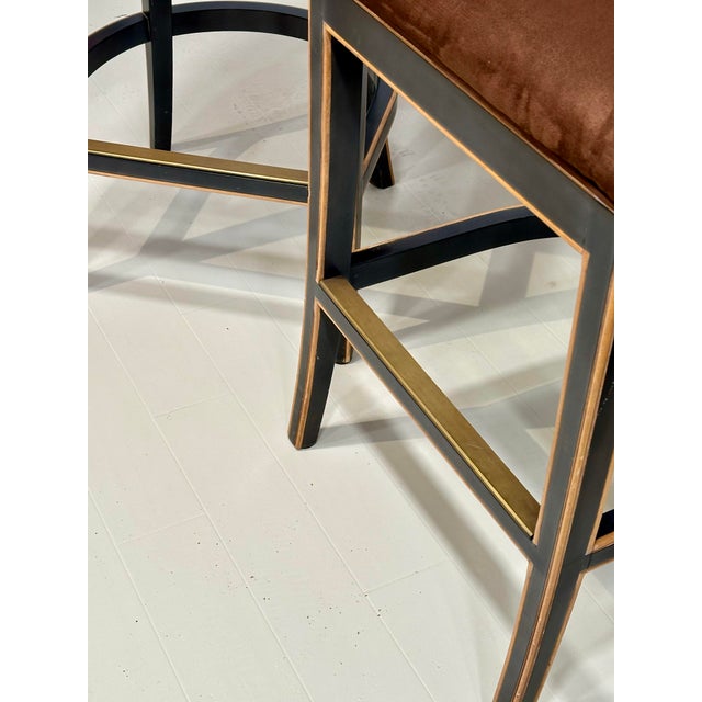 Pair of Gregorius- Pineo Two-Tone Ebonized & Natural Wood Bar Stools With Brown Ultrasuede For Sale In West Palm - Image 6 of 12