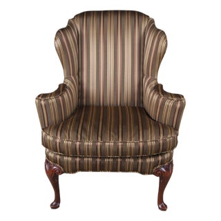 Vintage Baker Queen Anne Style Mahogany Silk Striped Wingback Library Club Chair For Sale