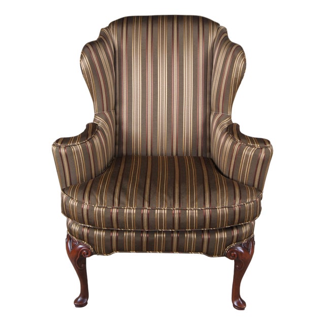 Vintage Baker Queen Anne Style Mahogany Silk Striped Wingback Library Club Chair For Sale