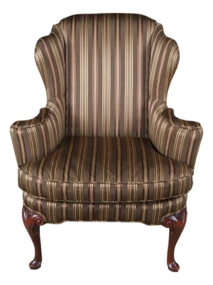 Vintage Baker Queen Anne Style Mahogany Silk Striped Wingback Library Club Chair