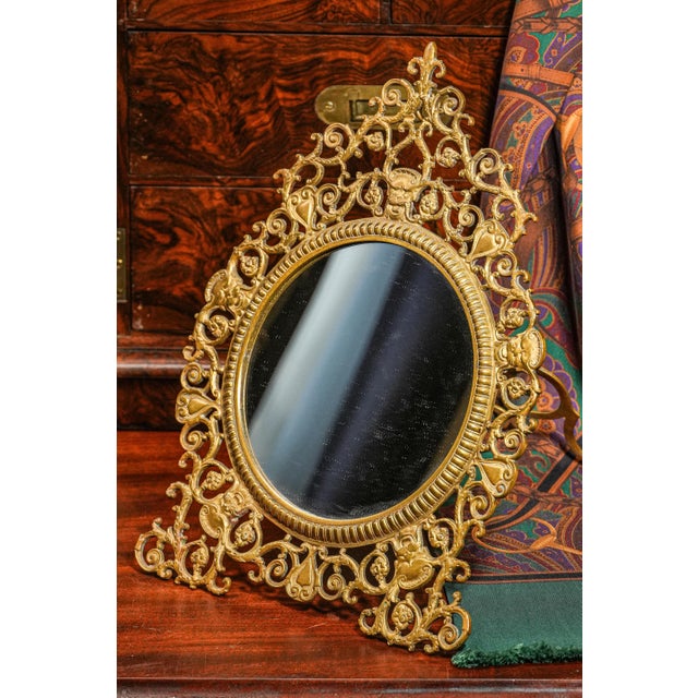 Victorian Ornate Scroll Floral Brass Metal Easel Back Frame With Circular Mirror Dresser For Sale - Image 3 of 11