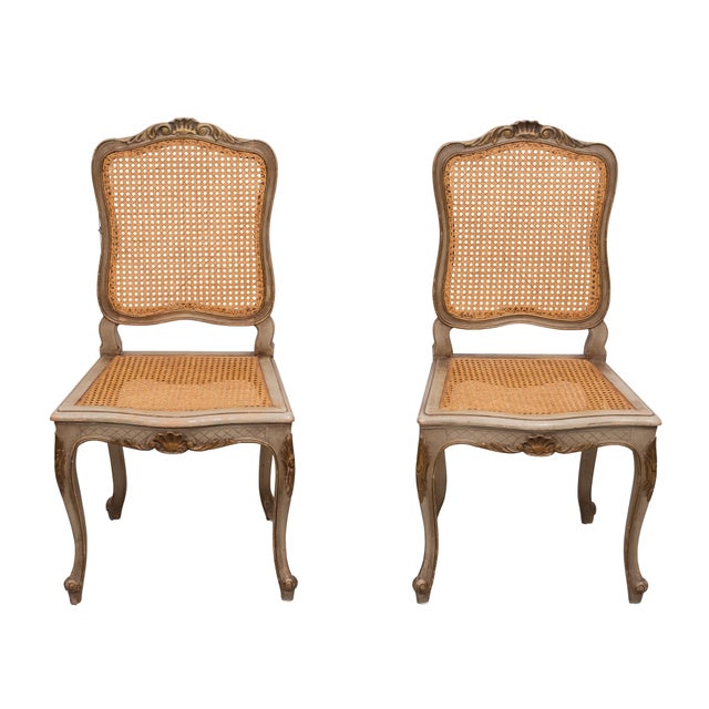 19th Century Louis XV Gilt and Green Painted Cane Side Chairs, 1880, Set of 2 For Sale - Image 5 of 14