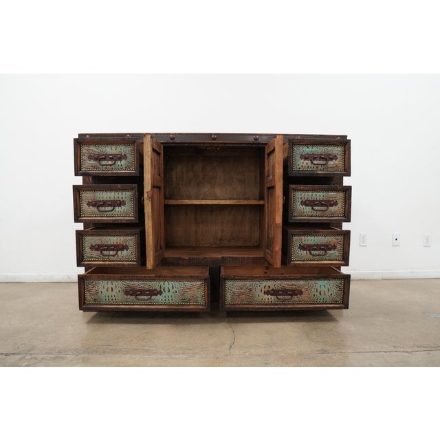 Brown Western Tooled Leather & Cowhide Multi-Drawer Dresser Cabinet For Sale - Image 8 of 15
