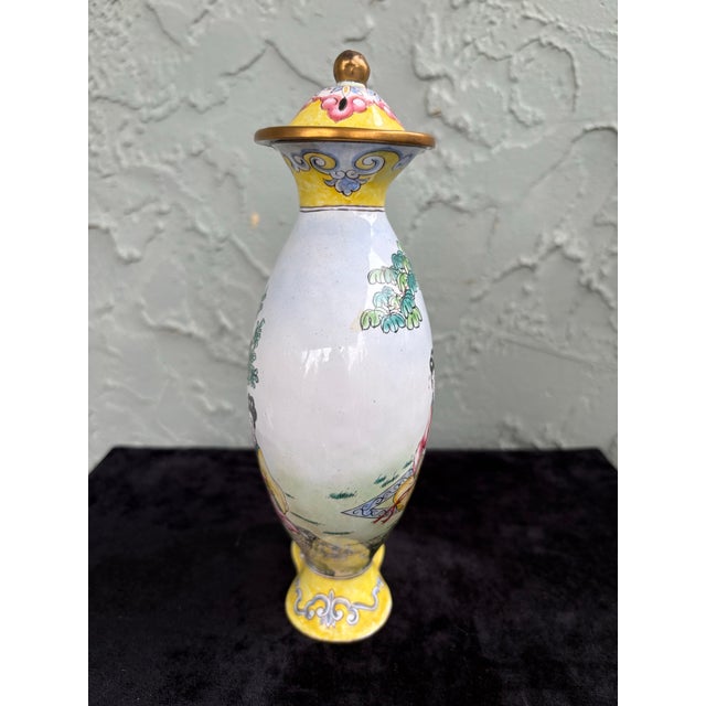White Vintage Chinese Style Enameled Brass Scenic Vase With Double Finial Lid, Hand-Painted Figures For Sale - Image 8 of 12
