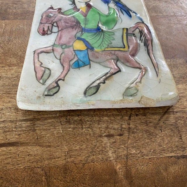 Persian Antique Persian Isnik Style Painted and Glazed Decorative Tile With Horse and Falconer For Sale - Image 3 of 7