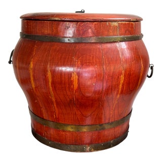 Antique Chinese Qing Dynasty Red Lacquer Wedding Box Barrel, Painted Lid For Sale