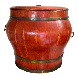Antique Chinese Red Lacquer Elm Rice / Grain Storage Vessel — Sculptural Qing Style Container