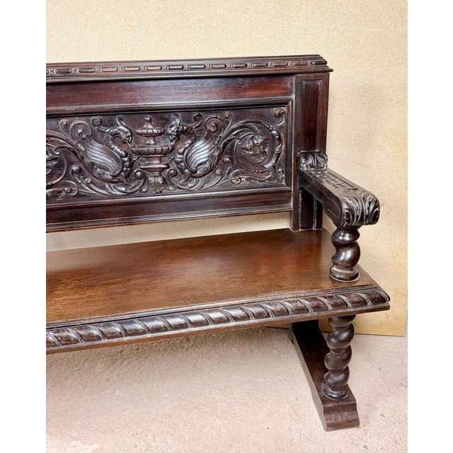 Spanish Carved Wood Bench With Barley Twist Legs, 20th Century For Sale - Image 9 of 16