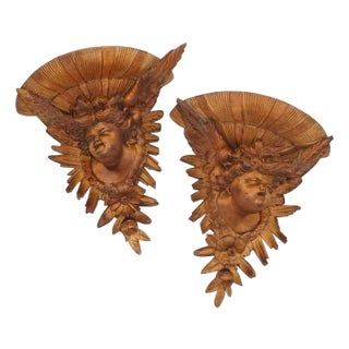 Pair Hand Carved Wood Cherub / Putti Figures Wall Shelves, Consoles For Sale