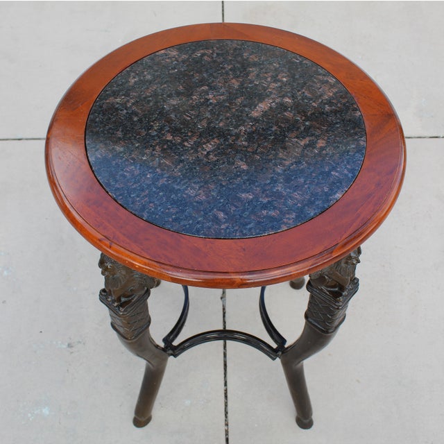 1960s Mid-Century Egyptian Revival Style Round Stone-Top Accent Table With Sculptural Winged Griffins. For Sale - Image 5 of 12