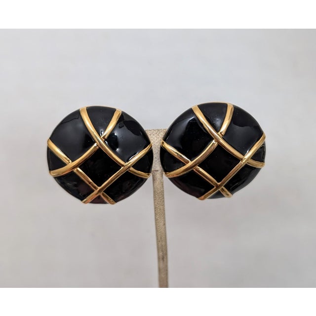 Vintage 1980s Signed Courreges Round Black Enamel Clip Earrings-2 Pieces For Sale - Image 4 of 7