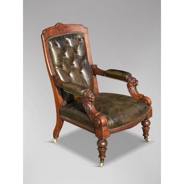 19th Century Arts & Crafts Carved Walnut & Leather Library Armchair, 1880 For Sale - Image 3 of 11