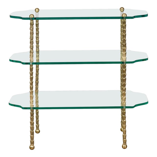 Mid 20th Century Brass Three-Tiered Table with Glass Shelves and Foliage Motifs For Sale