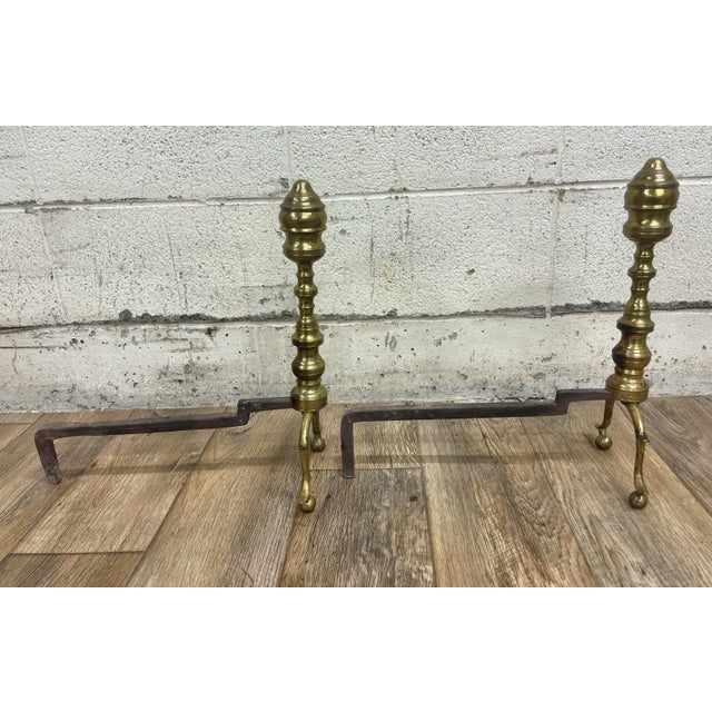 Vintage Queen Anne Style Brass and Iron Andirons With Ball Feet For Sale In Kansas City - Image 6 of 10