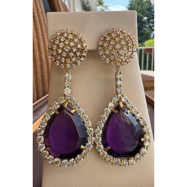 38 Carat Natural Amethyst & 9 Ct Diamond Cocktail Earring, 14 Karat Yellow Gold For Sale - Image 4 of 18