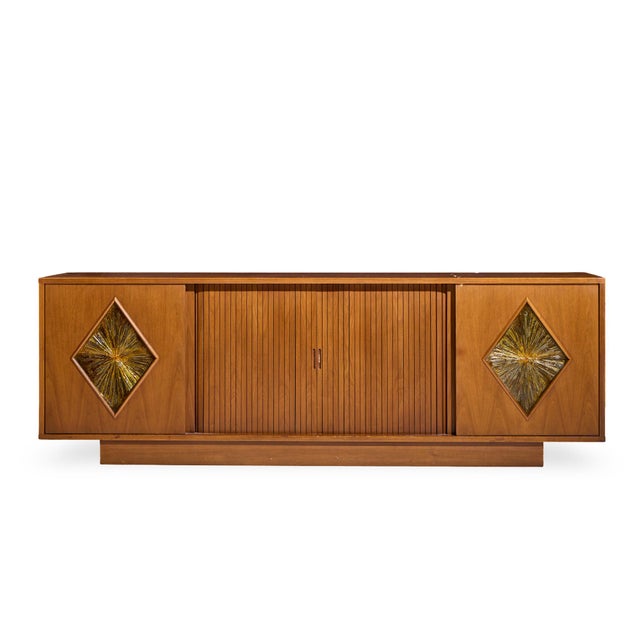 John Keal for Brown Saltman Style Mid Century Walnut Tambour Door Credenza and Hutch For Sale - Image 11 of 16