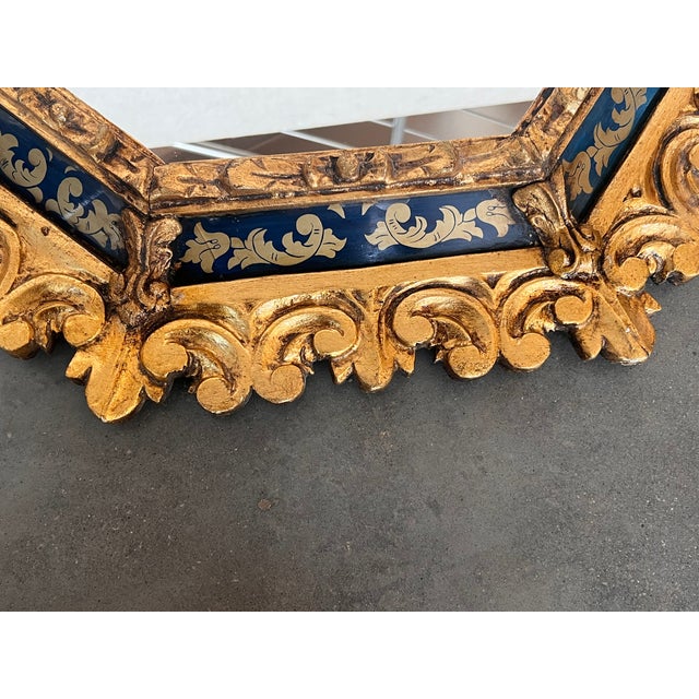Spanish Hollywood Regency Gilt Mirror With Keyhole Form and Etched Blue Glass For Sale In Miami - Image 6 of 7