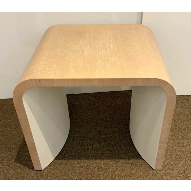 Original retail $1240, stylish Caracole Cerusd Oak Movement End Table, white interior, showroom floor sample