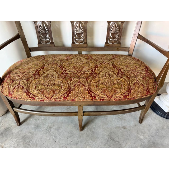 French Country Antique French Country Carved Back Arm Settee For Sale - Image 3 of 12